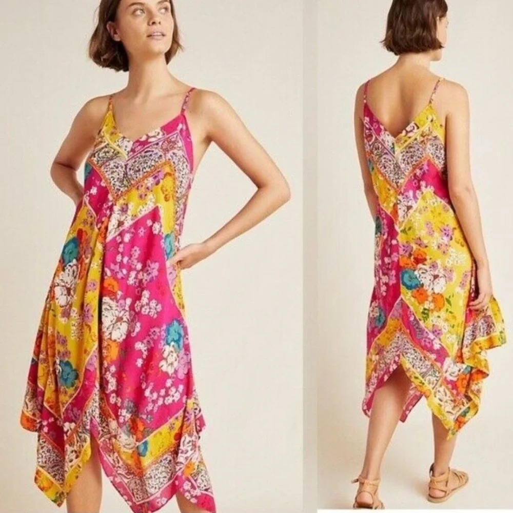 Anthropologie Daria Handkerchief Sleep Midi Dress Multi Floral Asymmetrical XS/S